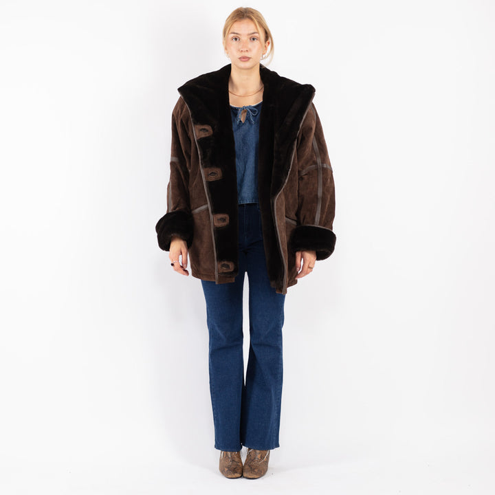 Vintage 90's Women Suede Sherpa Coat in Brown