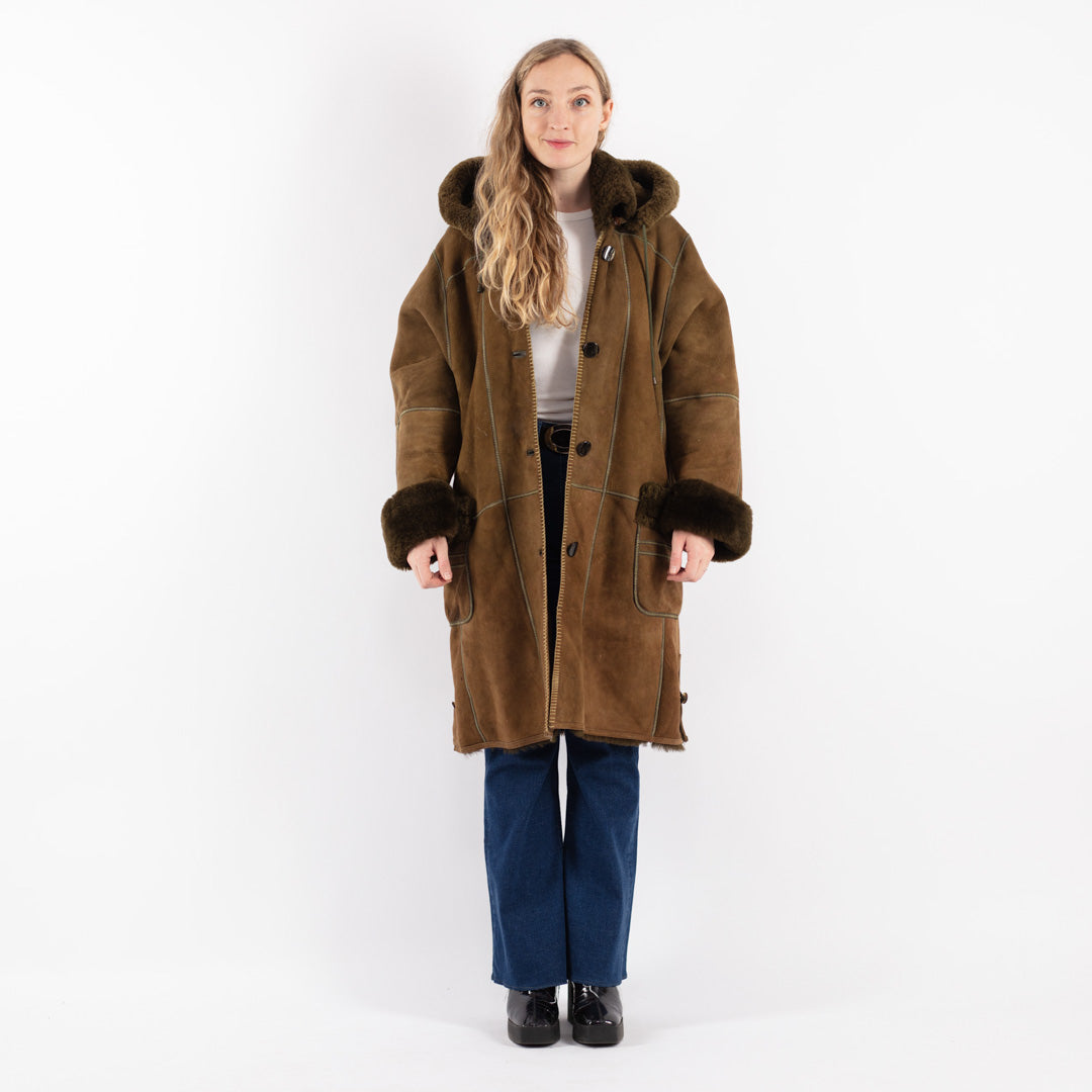 Vintage 80's Women Sheepskin Shearling Coat in Green