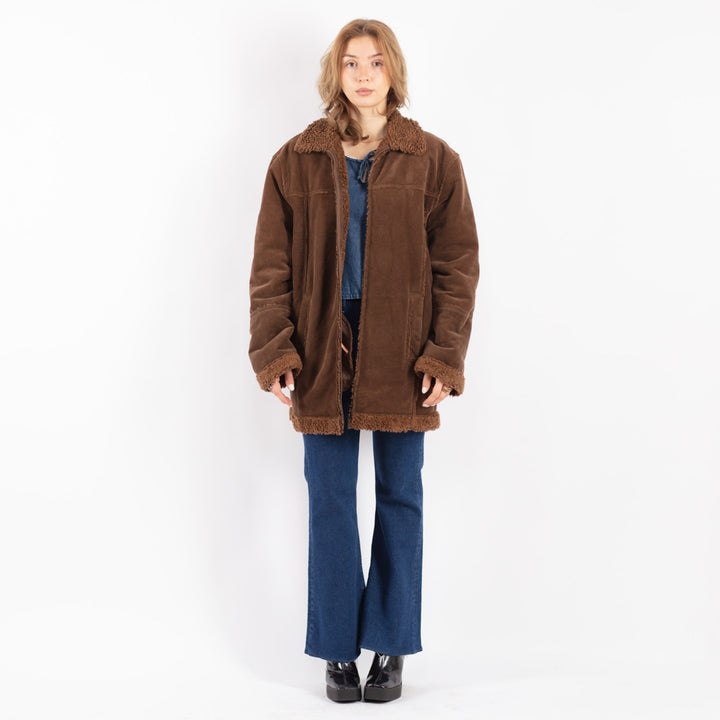 Vintage 90's Women Faux Sheepskin Coat in Brown