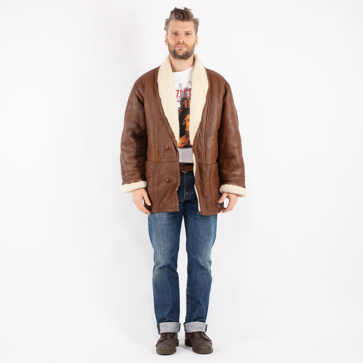 Vintage Men Sheepskin Shearling Coat in Brown