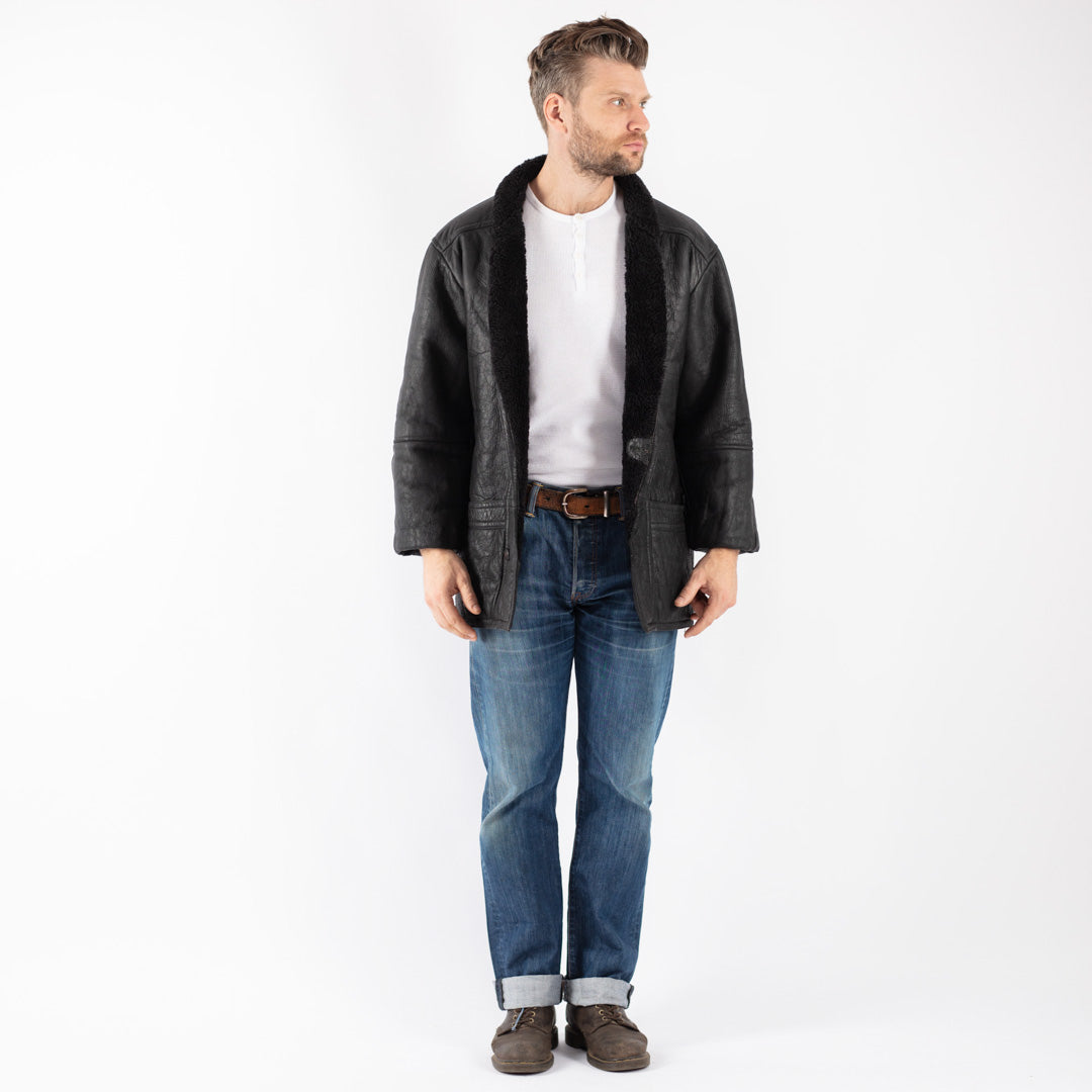 Vintage 90's Men Sheepskin Coat in Black