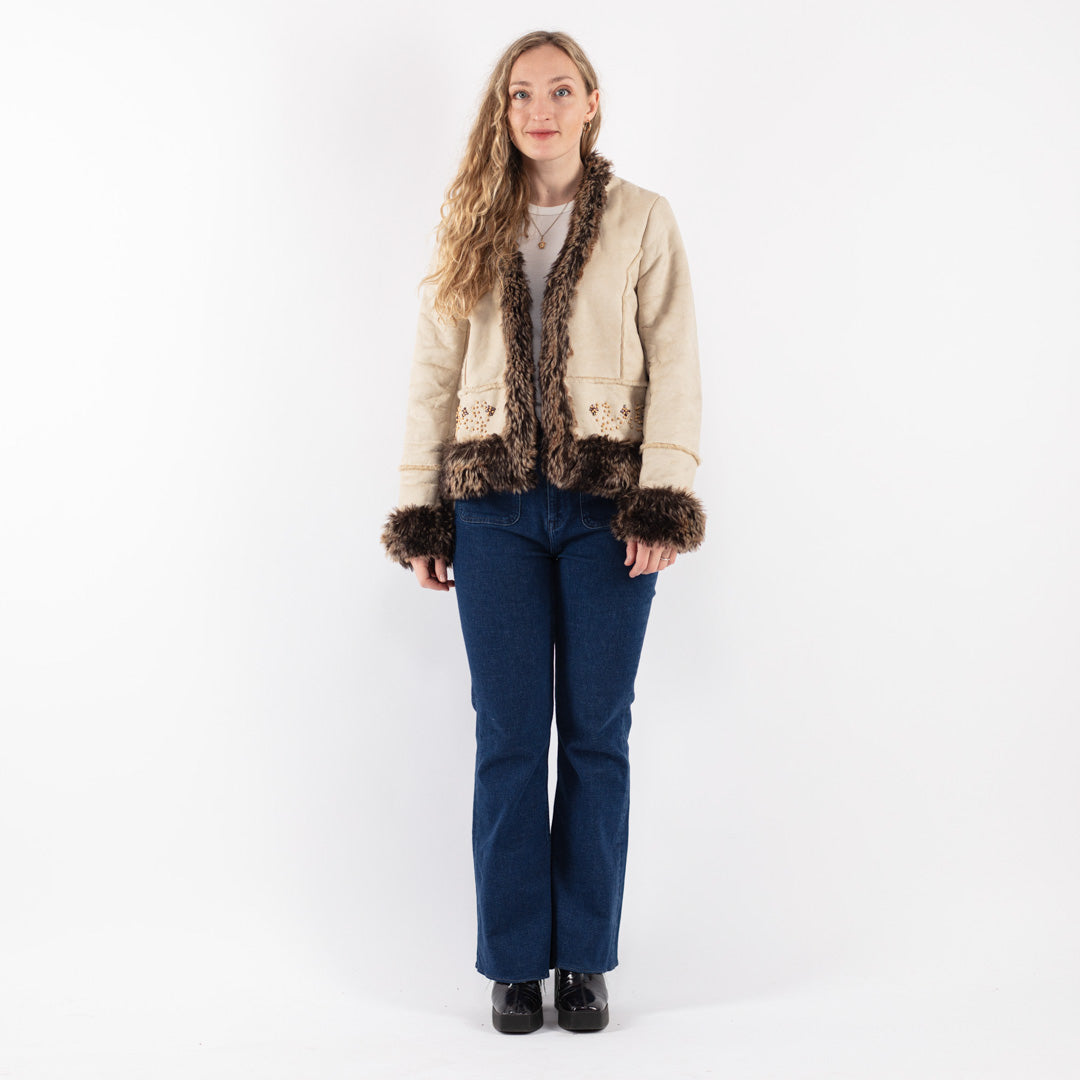 Vintage 90's Women Faux Sheepskin Jacket in Beige