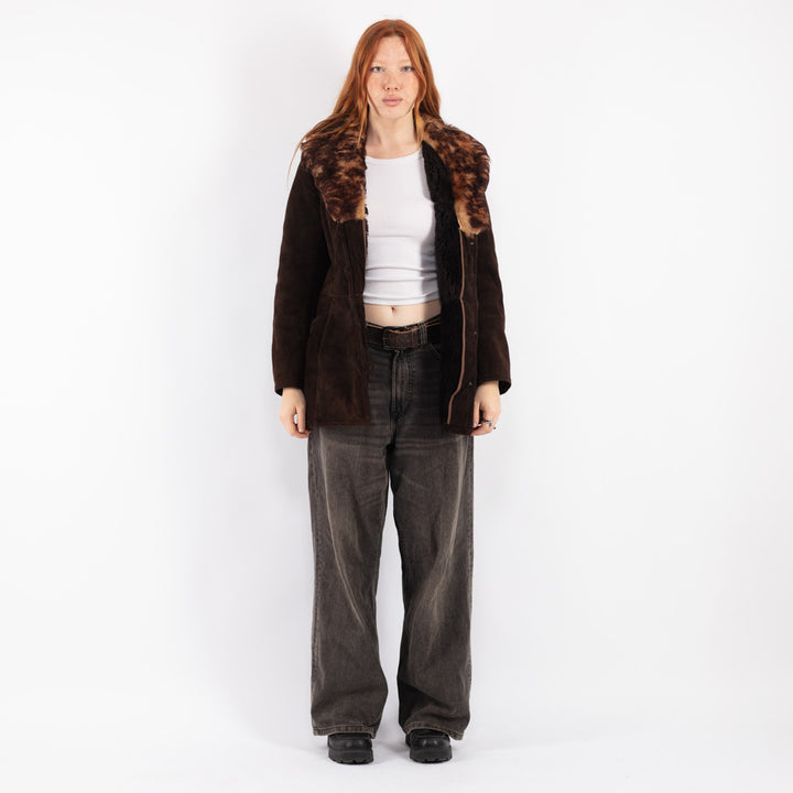 Vintage 70's Women Sheepskin Shearling Coat in Brown