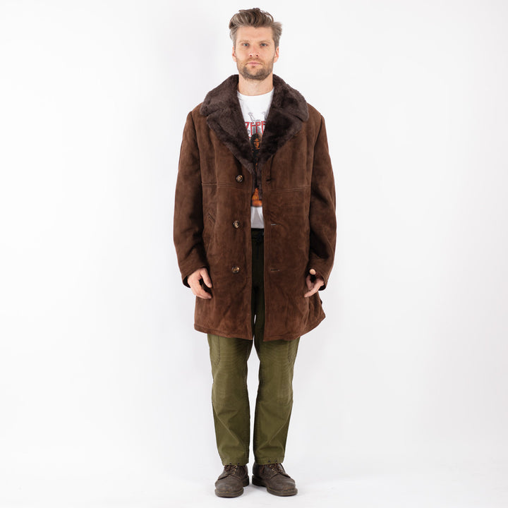 Vintage Men Sheepskin Shearling Coat in Brown