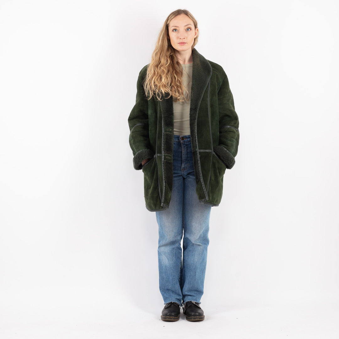 Vintage 80's Women Sheepskin Coat in Green