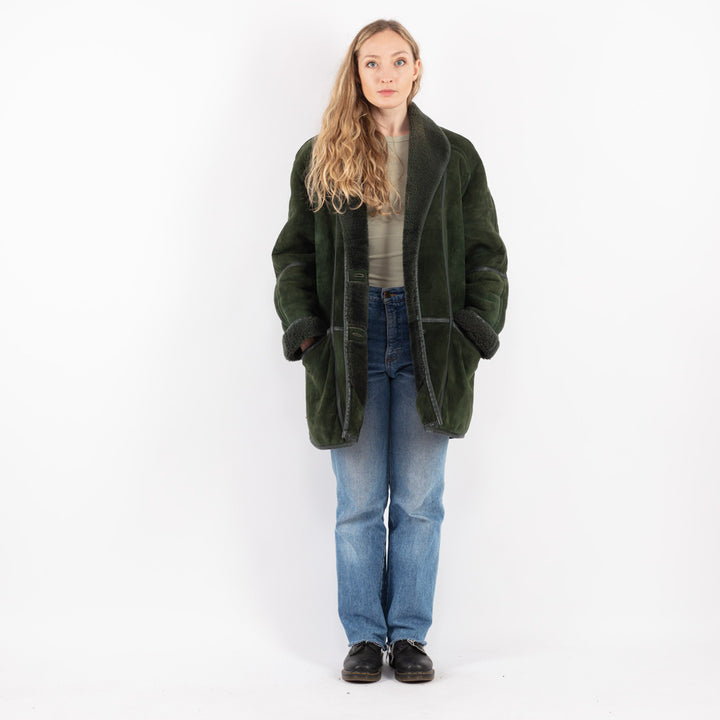 Vintage 80's Women Sheepskin Coat in Green