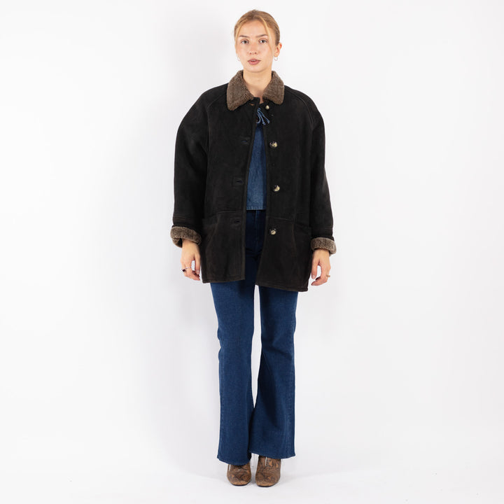 Vintage 90's Women Sheepskin Coat in Black