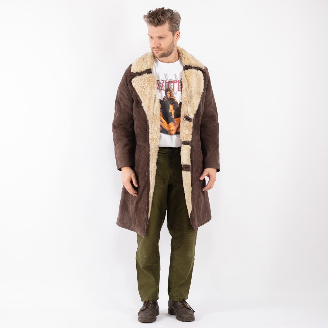 Vintage Men Sheepskin Shearling Coat in Brown