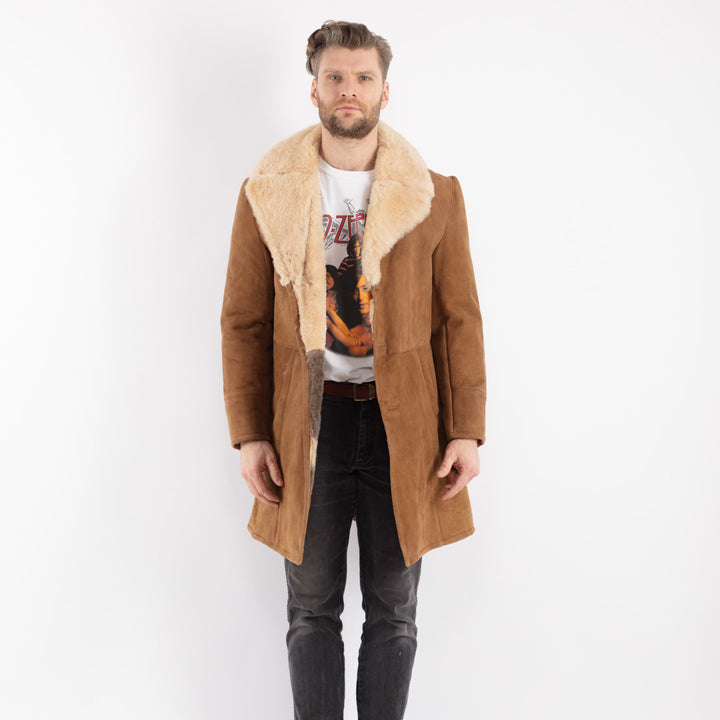 Vintage 70's Men Sheepskin Shearling Coat in Brown