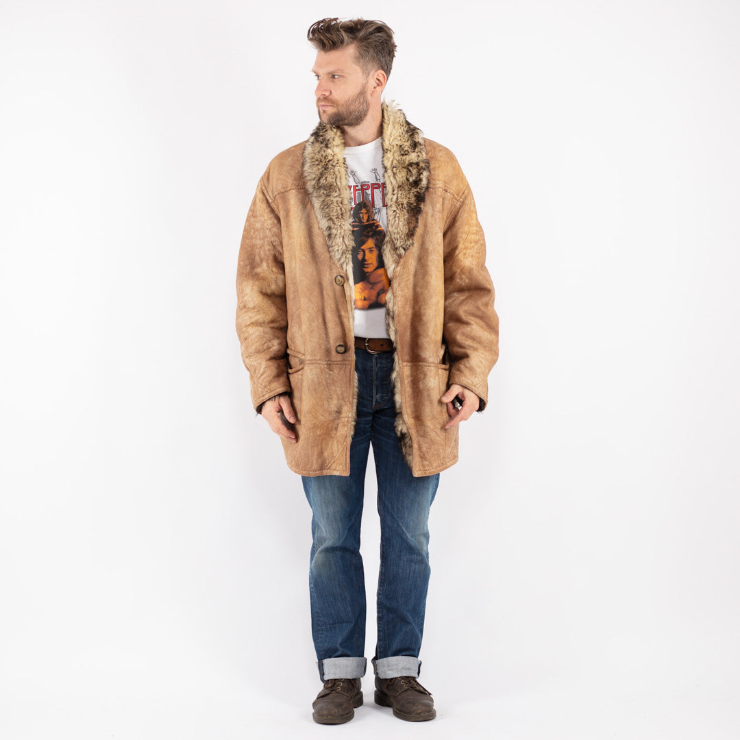 Vintage 70's Men Sheepskin Shearling Coat in Beige