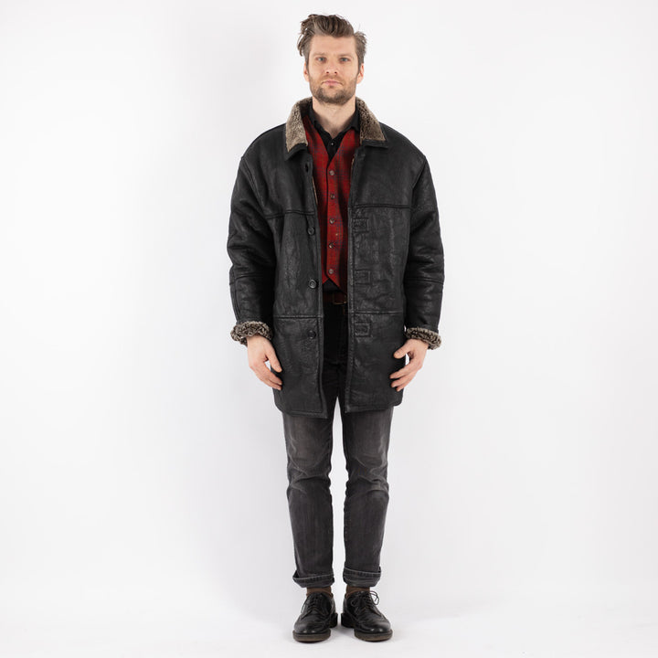 Vintage 90's Men Sheepskin Coat in Black