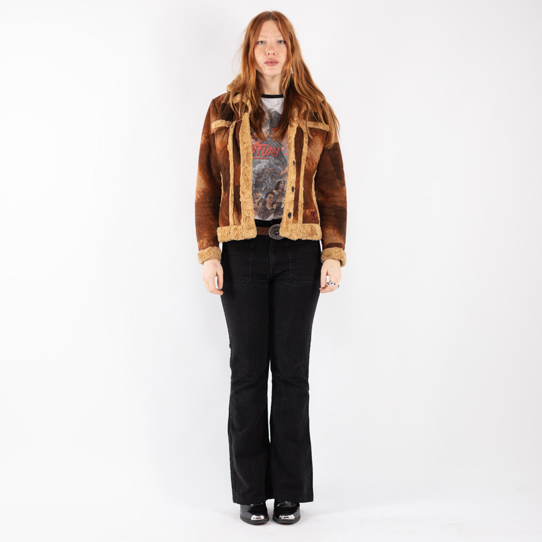 Vintage 90's Women Faux Sheepskin Jacket in Brown