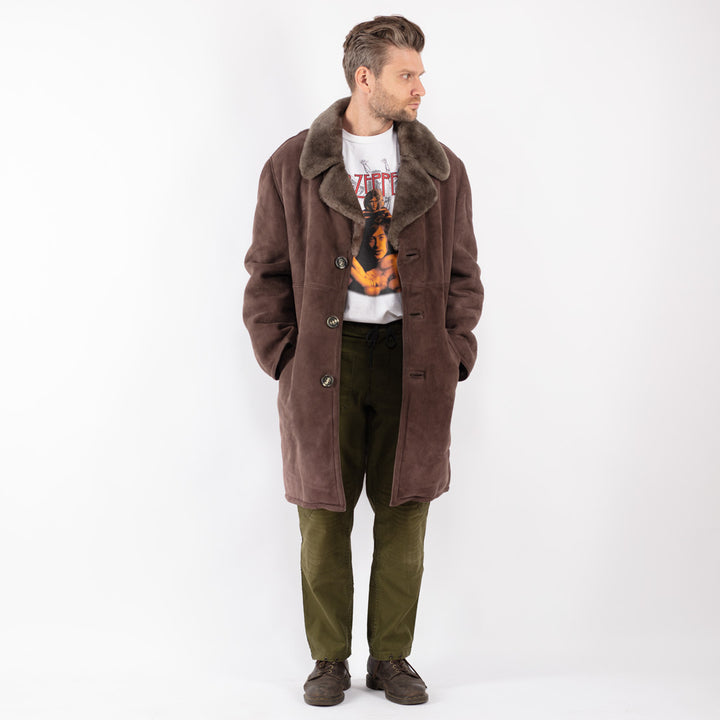 Vintage Men Sheepskin Shearling Coat in Brown