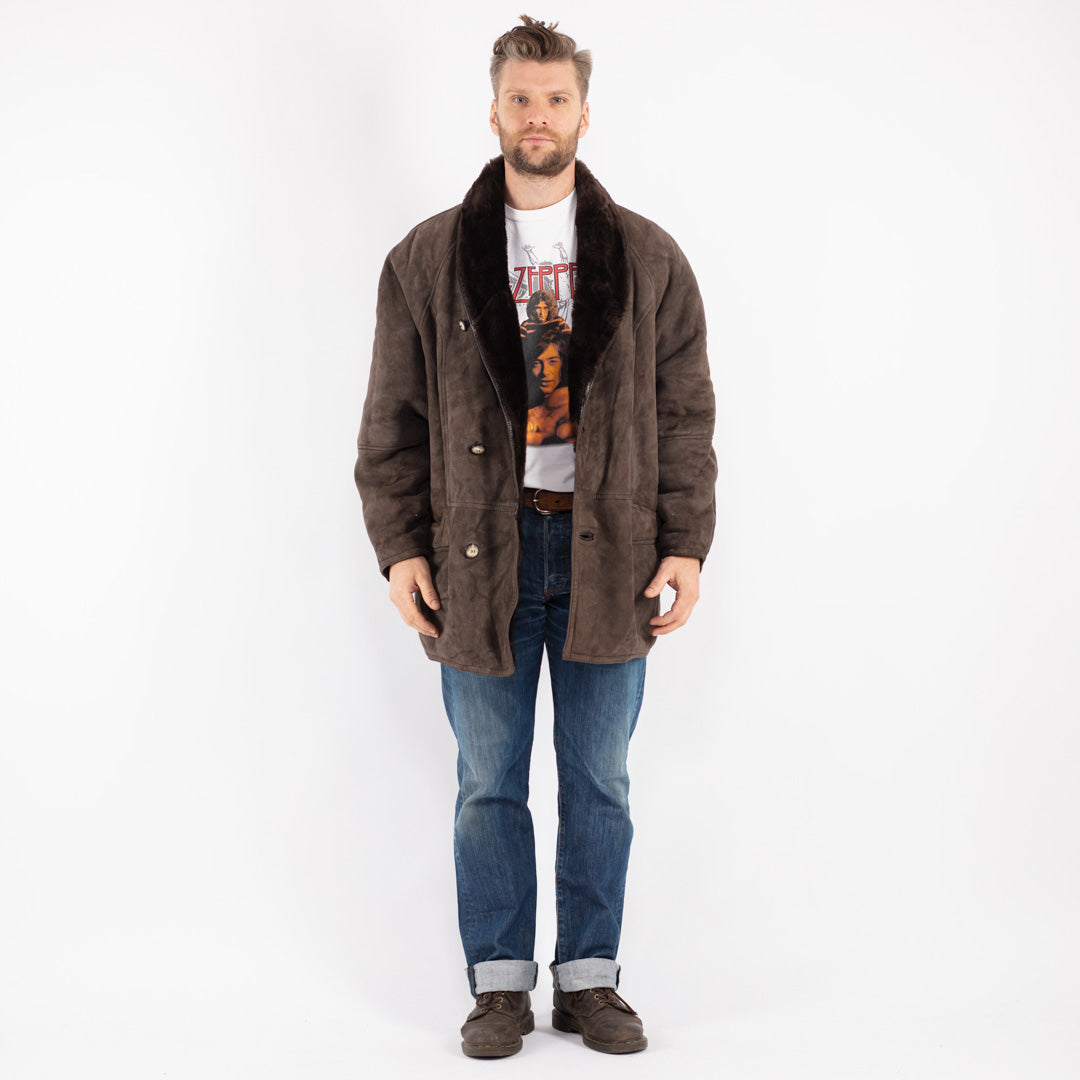 Vintage 80's Men Sheepskin Shearling Coat in Brown