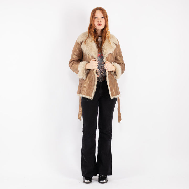 Vintage 80's Women Sheepskin Shearling Jacket in Beige