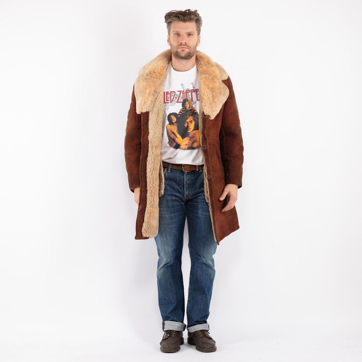 Vintage Men Sheepskin Shearling Coat in Brown