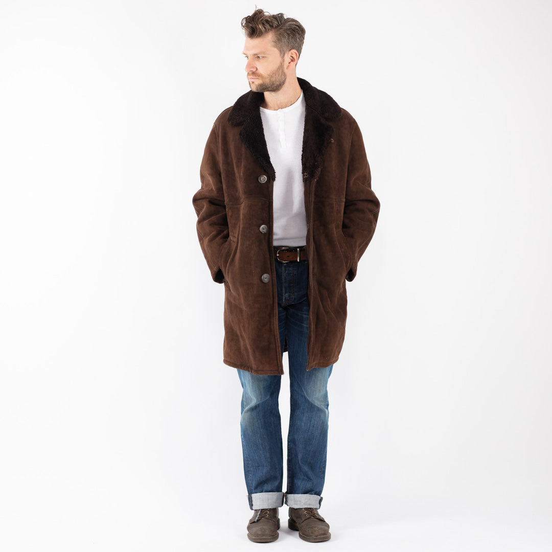 Vintage 70's Men Sheepskin Shearling Coat in Brown