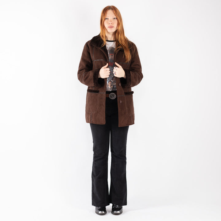 Vintage 90's Women Faux Sheepskin Coat in Brown