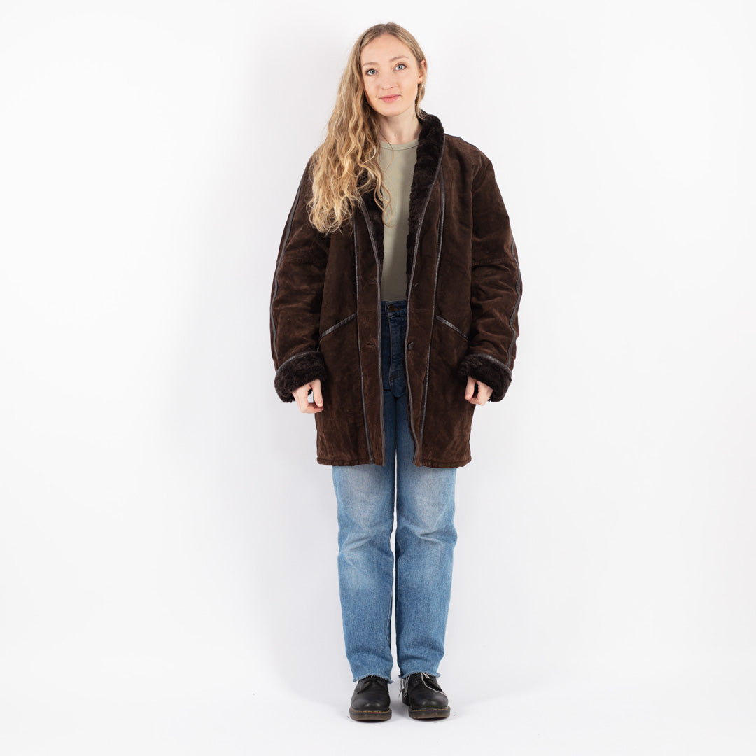 Vintage 90's Women Suede Sherpa Coat in Brown