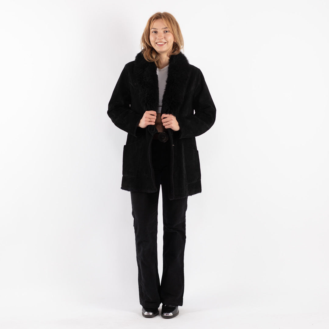 Vintage 70's Women Suede Sherpa Coat in Black