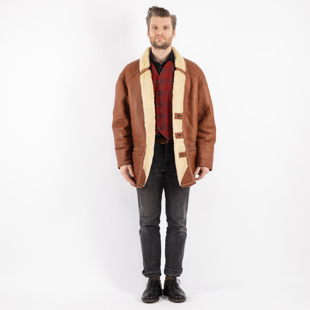 Vintage 80's Men Sheepskin Shearling Coat in Brown