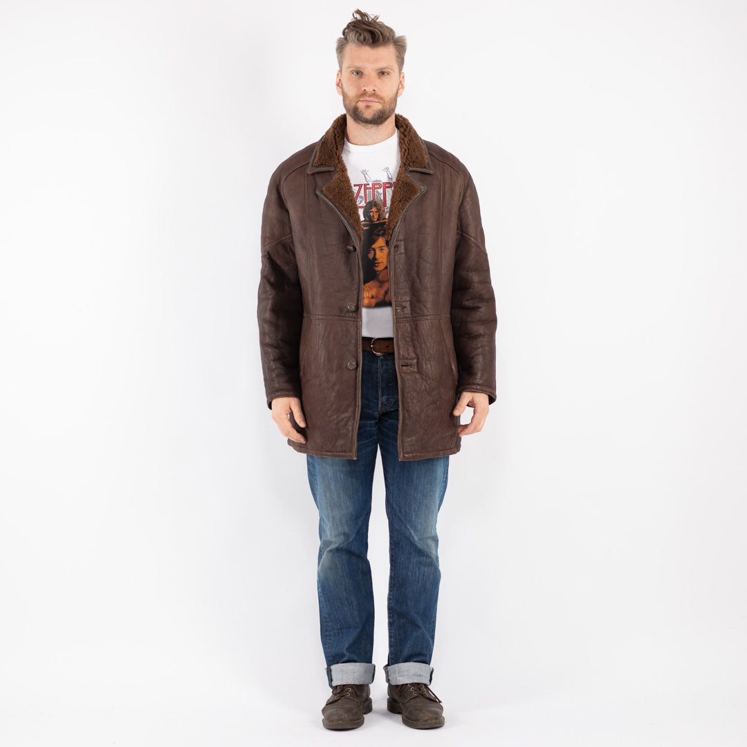 Vintage 90's Men Sheepskin Shearling Coat in Brown