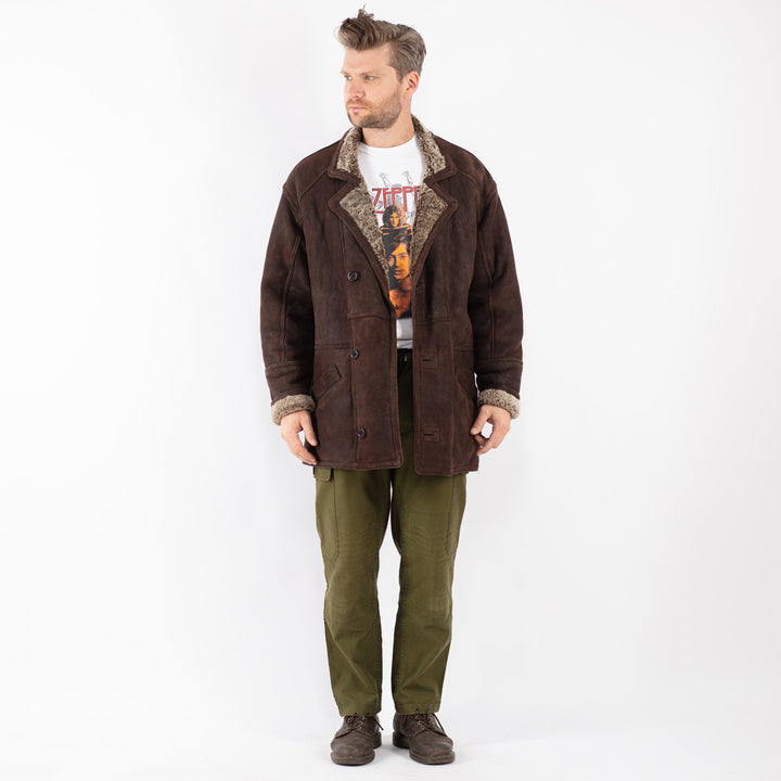 Vintage 90's Men Sheepskin Shearling Coat in Brown