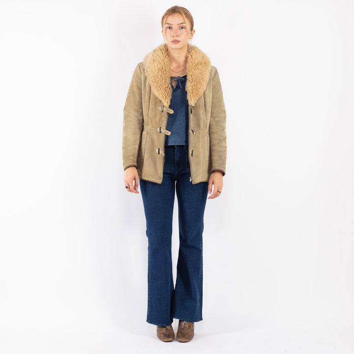 Vintage 70's Women Suede Sherpa Jacket in Beige