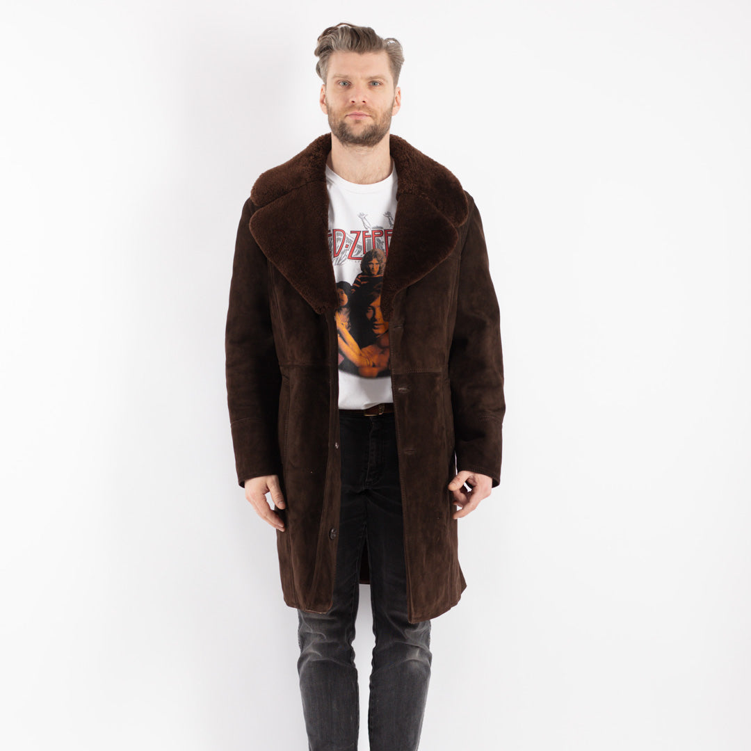 Vintage 70's Men Sheepskin Shearling Coat in Brown