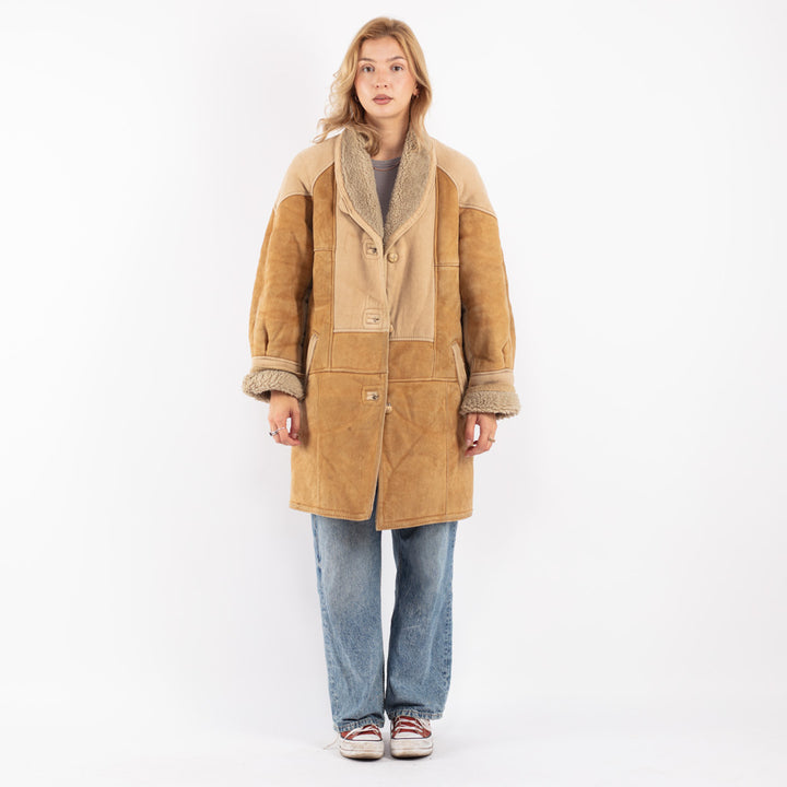 Vintage 90's Women Faux Sheepskin Coat in Beige