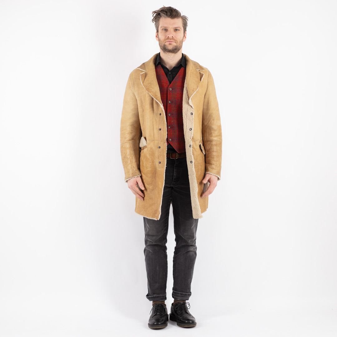 Vintage 80's Men Sheepskin Shearling Coat in Beige