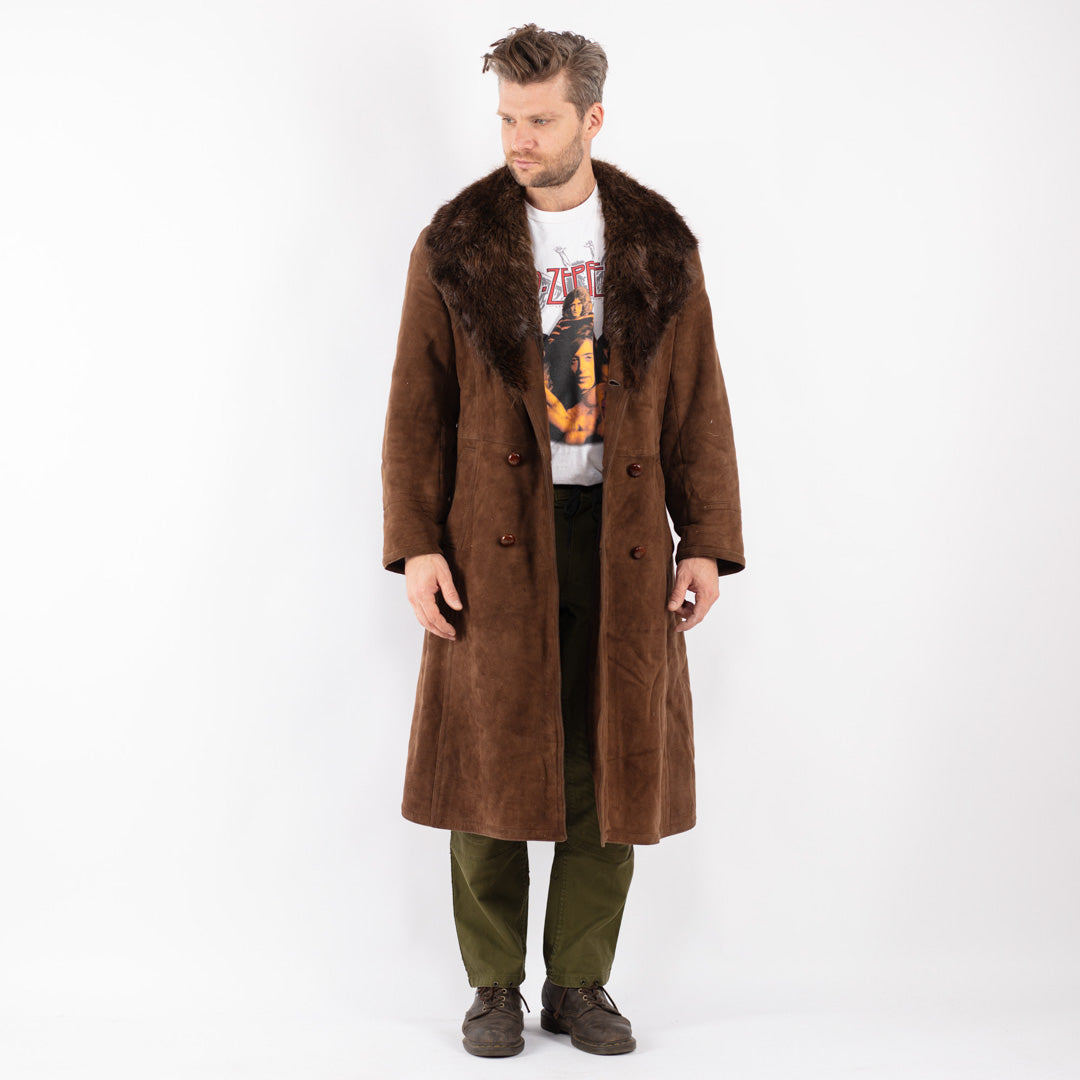 Vintage Men Sheepskin Shearling Coat in Brown