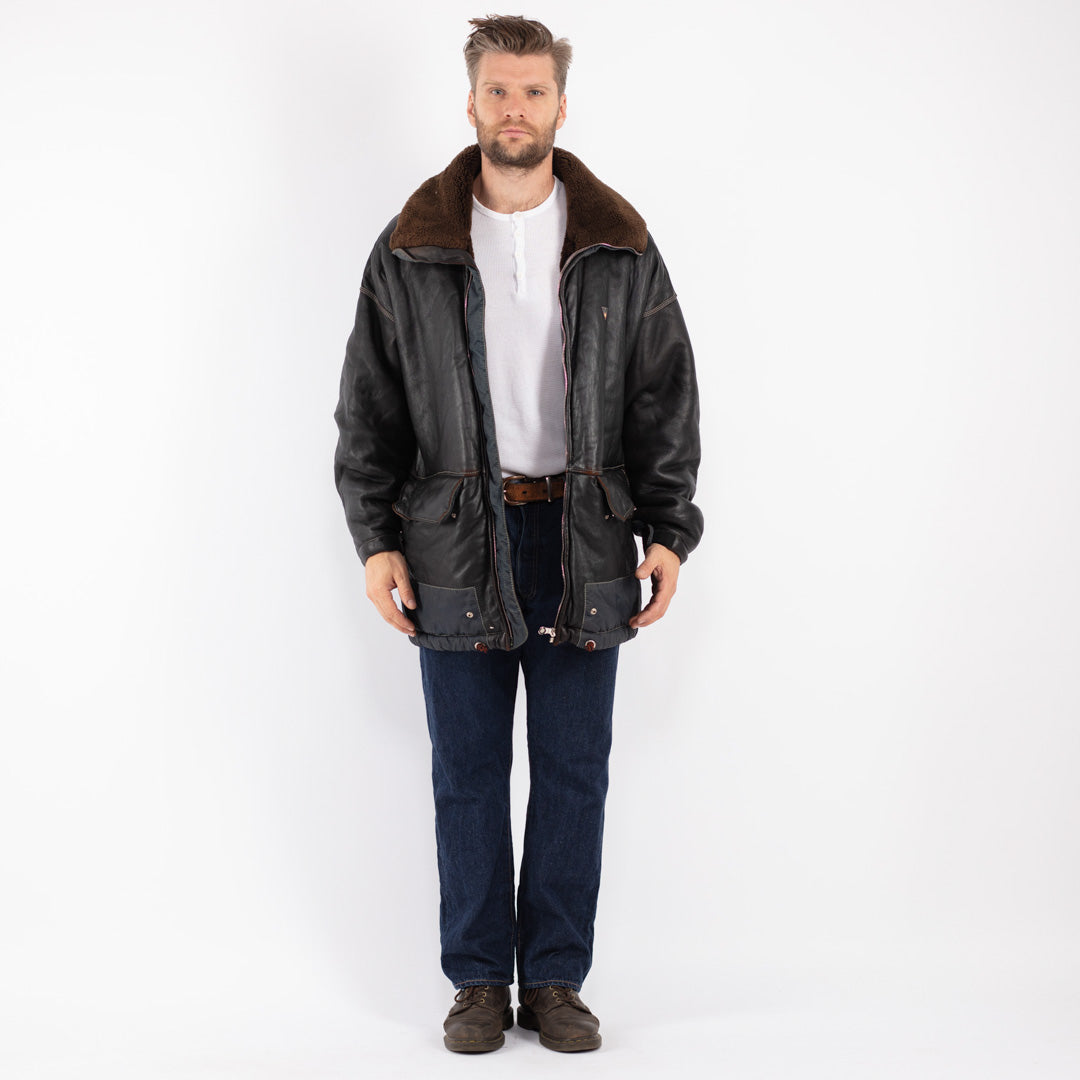 Vintage 90's Men Sheepskin Shearling Coat in Black - NorthernGrip