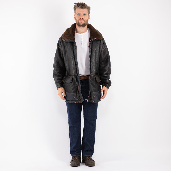 Vintage 90's Men Sheepskin Shearling Coat in Black