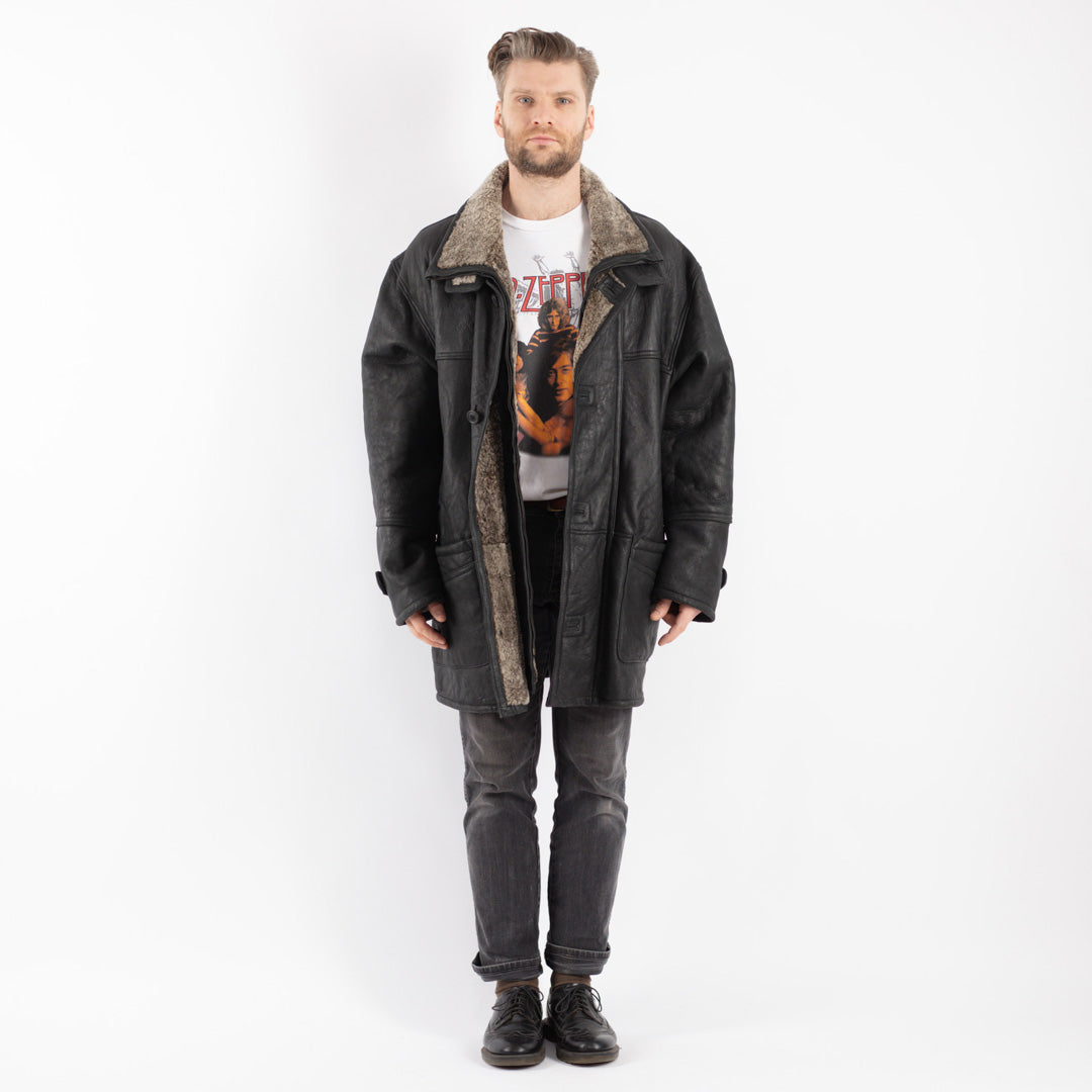 Vintage 90's Men Sheepskin Coat in Black