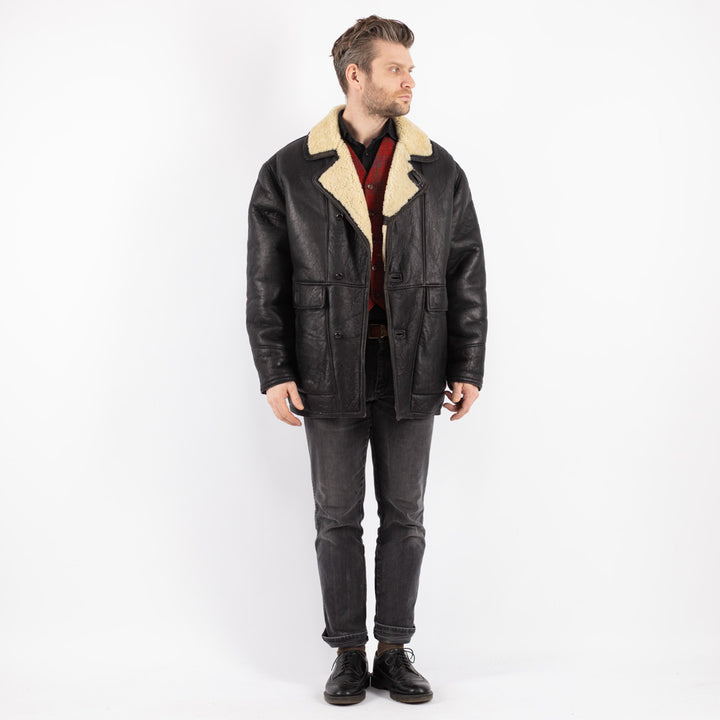 Vintage 80's Men Sheepskin Shearling Coat in Black