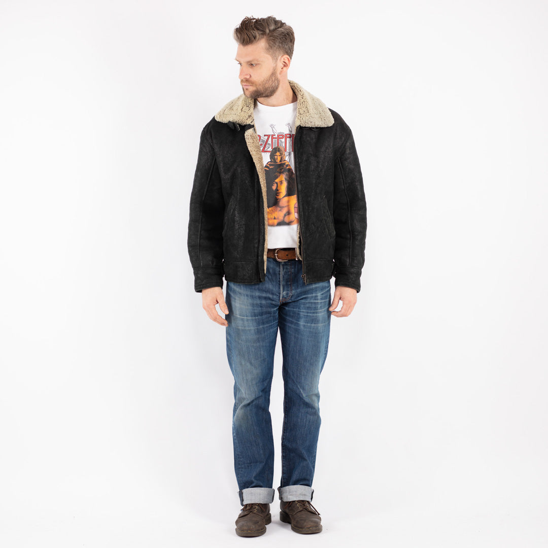 Vintage Men Sheepskin Jacket in Black