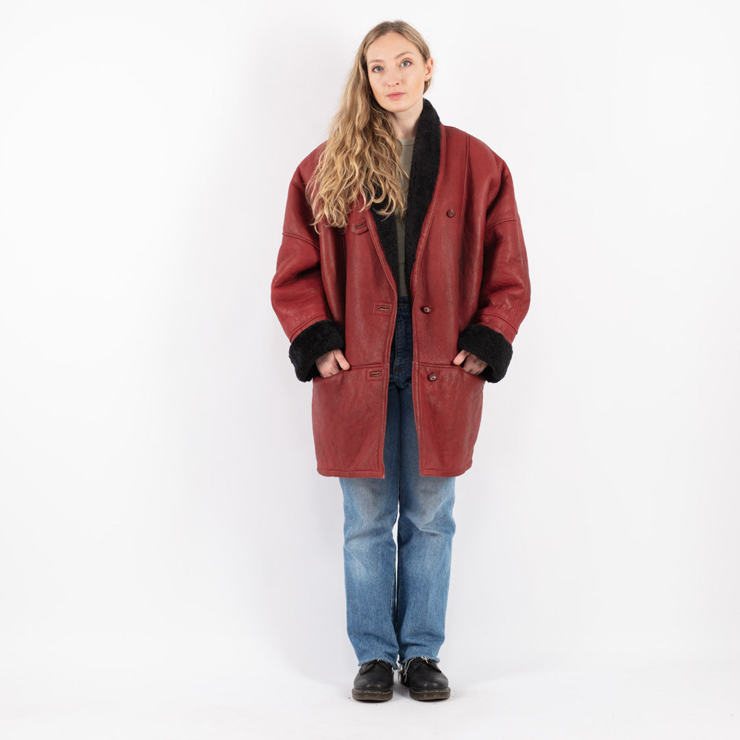 Vintage 80's Women Sheepskin Coat in Red