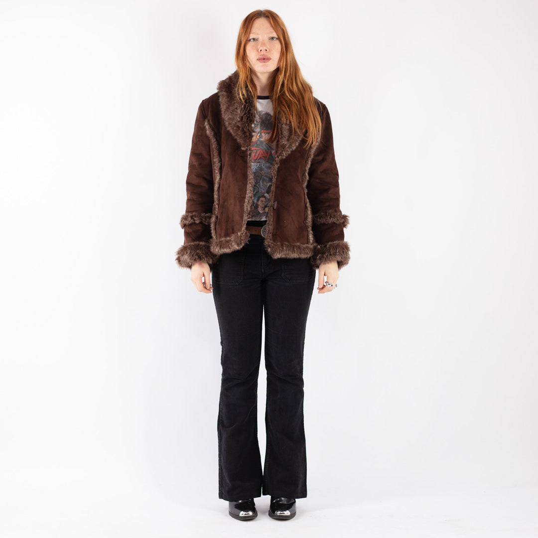 Vintage 90's Women Faux Sheepskin Jacket in Brown