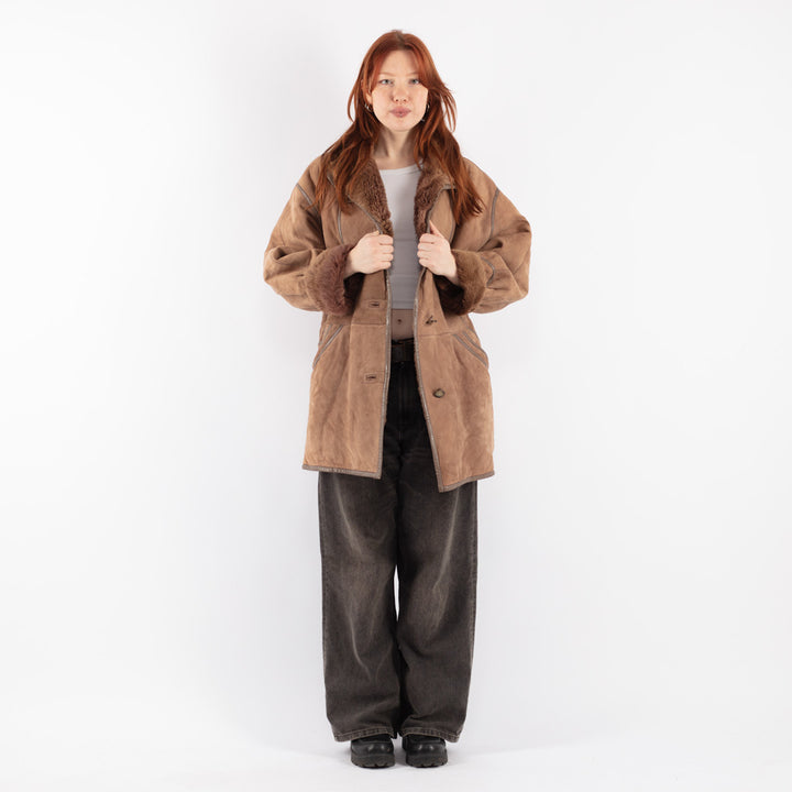 Vintage 80's Women Sheepskin Shearling Coat in Beige