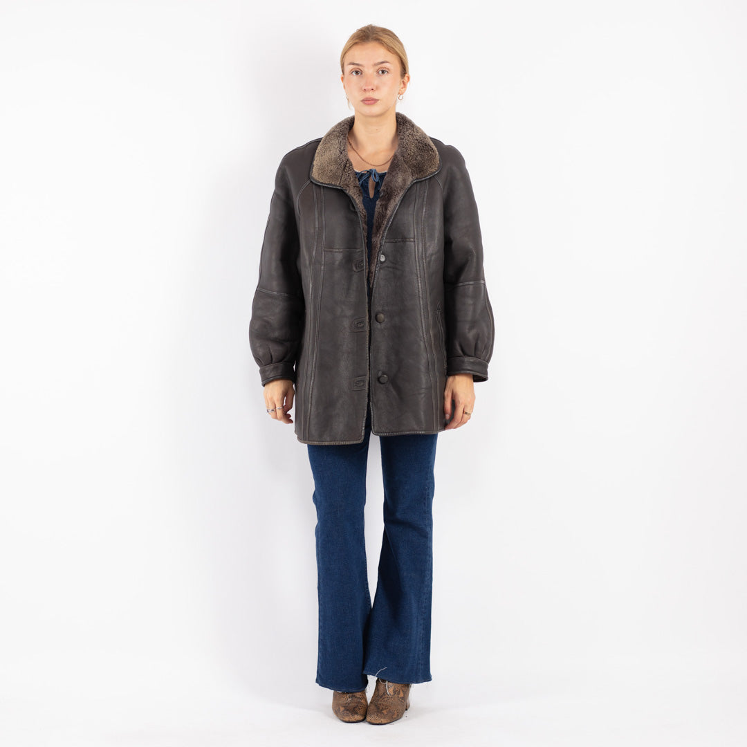 Vintage 80's Women Sheepskin Shearling Coat in Gray