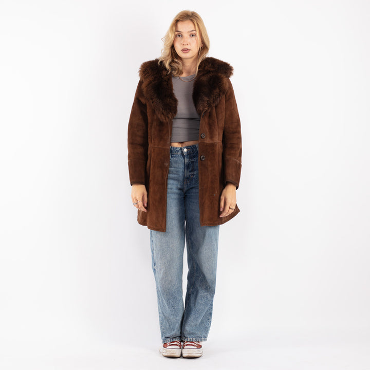 Vintage 70's Women Sheepskin Shearling Coat in Brown