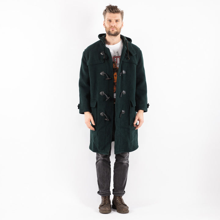 Vintage 80's Men Hooded Wool Duffle Coat in Green