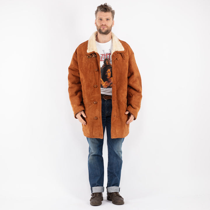 Vintage Men Sheepskin Shearling Coat in Brown