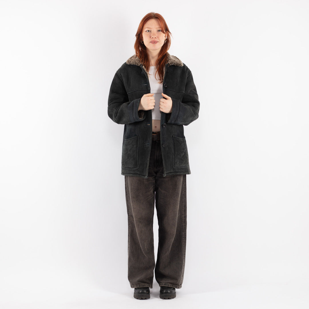 Vintage 90's Women Sheepskin Shearling Coat in Black