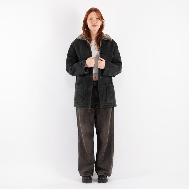 Vintage 90's Women Sheepskin Shearling Coat in Black