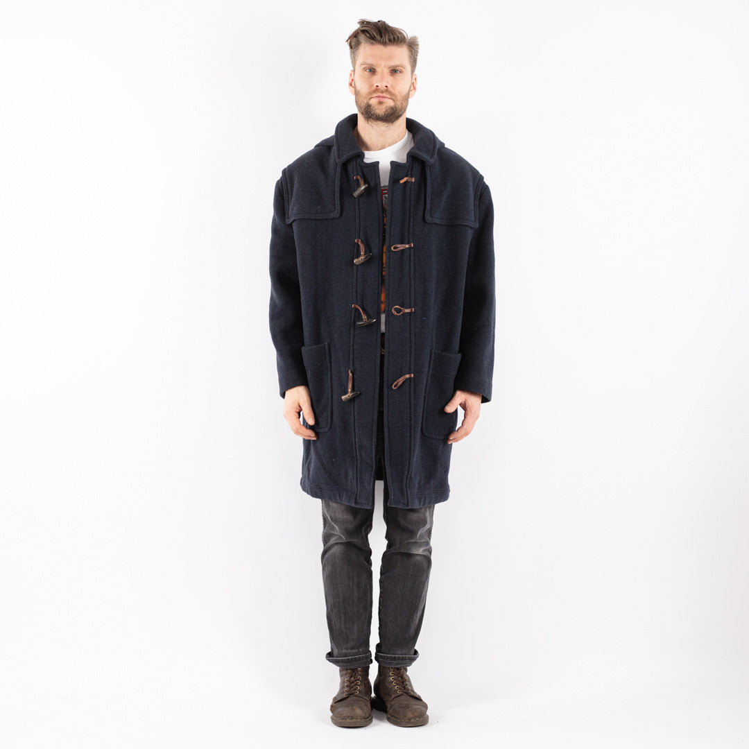 Vintage 90's Men Hooded Wool Duffle Coat in Blue