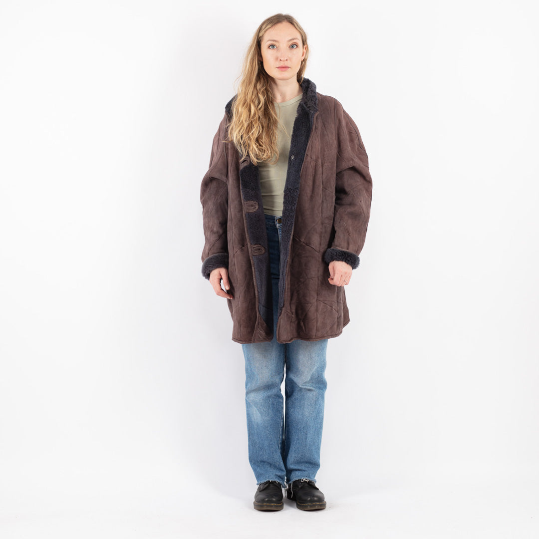 Vintage 80's Women Sheepskin Coat in Purple