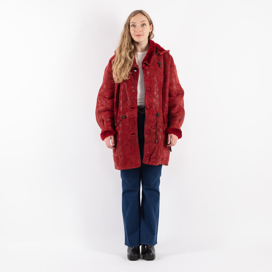 Vintage 80's Women Sheepskin Coat in Red