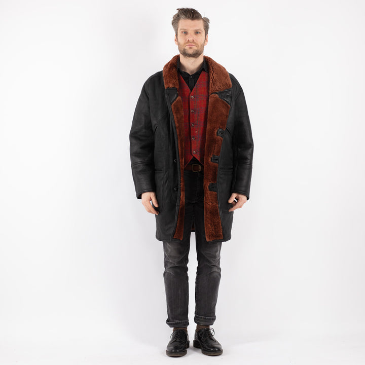 Vintage 80's Men Sheepskin Shearling Coat in Black